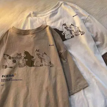 Letné Japonské malé čerstvé krátke rukávy T-shirt mužov a žien pár príliv značky retro kreslených mačka tlače pol rukávy košele T Obrázok