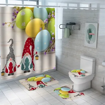 Cartoon Veľkonočné Vajíčka Sprchový Záves 3D Tlač Králik Vaňa Mat Nastaviť Nepremokavé Anonymný Starý Muž, Vaňa Závesy Wc Koberce Koberce Obrázok