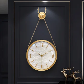 Moderný jednoduchý mosadz nástenné hodiny domov obývacia izba svetlo luxusné nástenné hodiny vstup dekorácie sledovať zavesenie na stenu creative Obrázok