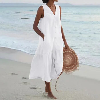 Boho Ženy Šaty Bez Rukávov Pláž Nosiť Sarong Šaty Letné Tvaru Sundress Holiday Beach Tlačidlo Cez Šaty, Plavky Žena Obrázok