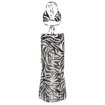 2022 Módne Zebra Prekladané Beach Oblečenie Pre Ženy, Dve Kus Súpravy Plavky A Dlhé Sukne Zakryť Sexy String Podprsenka A Nohavičky Obrázok