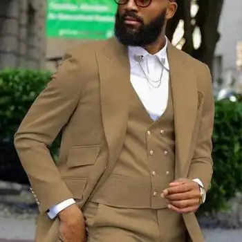 Šité luxusné šľachtické kvalitné módne khaki mužov, svadobné Poukázal klope muža oblek slim fit strany Sako Bunda + Vesta +nohavice Obrázok