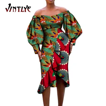 Africké Šaty pre Ženy Bazin Tradičné Dashiki Strany Lady Oblečenie Sexy plavky s uväzovaním za Večerné Šaty s Svietidla Rukáv Wy5323 Obrázok