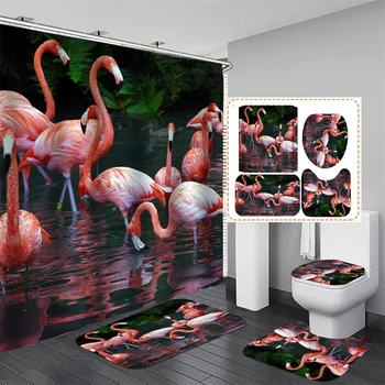 Ružové Plameniaky Tropické Listy 3D HD Sprchový Záves Nastaviť Nepremokavé Polyesterové Kúpeľni Sprchový Záves Set s Mat Non-Slip Koberce Obrázok