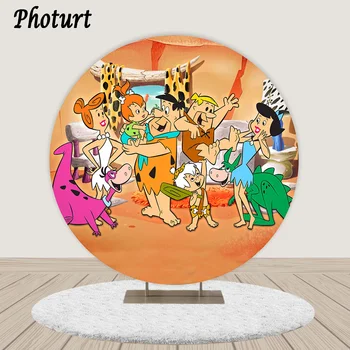 PHOTURT Kolo Flintstones Fotografie Pozadie Deti Narodeniny Dieťa Sprcha Foto Pozadie Kruhu Polyester Vinyl Stánku Rekvizity Obrázok