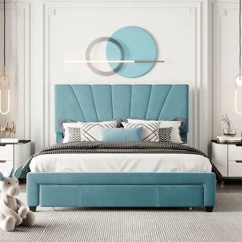 Premium velvet čalúnený platformu posteľ, queen size skladovanie posteľ s jedno veľké zásuvky pre jednoduché uskladnenie . Béžová/Šedá/Modrá Obrázok