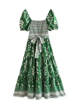Vytlačené Luk Čipky Lístkového Rukáv, Dlhé Šaty Skladaný Vintage Pachwork Zelená Midi Šaty Ženy Móda Slim Fit Party Oblečenie Obrázok