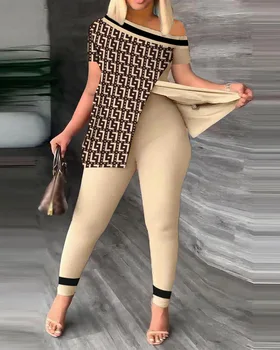 Módne dámske Nastaviť Vytlačené krátke Rukávy Tričko Nohavice sú stanovené Dva Kus Elegantné Nové Streetwear Ženské Oblečenie Letné Oblečenie Obrázok
