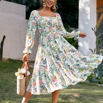 2022 nové dámske kvetinové uhlopriečka golier dlhý rukáv rozstrapatené vytlačené vysoký pás šaty voľné šaty Obrázok
