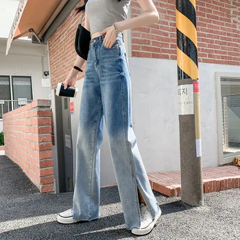 Gradient Rovnou Nôh Džínsy Ženy Dámy Módne Trendové Oblečenie Vysoký Pás Split Lem Džínsové Nohavice Svetlo Modrá Bežné Nohavice XS-XXL Obrázok