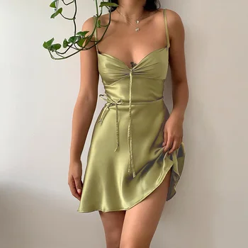 JY22021 satin zelená páskovania šaty 2023 jar žien nový štýl temperament slim sukne ženy Obrázok
