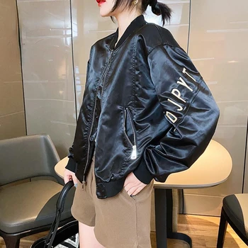 Výšivky Na Jar Jeseň Dlhý Rukáv Bundy Bombardér Ženy Black Varsity Jacket Bežné Vojenský Kabát Voľné Streetwear Kórejský Nové Obrázok