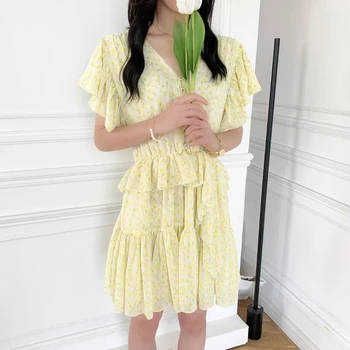 Na jar a v Lete Ženy tvaru Rozstrapatené Kvetinový Tortu Sukne Mini Šaty Obrázok