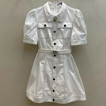 2023 Nové módne dámske kvalitné tencel bavlna retro umývanie textílie džínsové šaty Obrázok