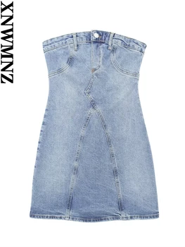 XNWMNZ 2023 lete ženy móda mini džínsové šaty bez ramienok párty Žena, rovný strih výstrihu Off-the-ramenný ženské šaty Obrázok