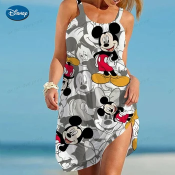 Ženy Pláži šatka Femme Disney Minnie Mickey Mouse 2000s Kawaii Estetické Kolo Krku bez Rukávov Šatka Kvetinový Tlač Letné Šaty Obrázok