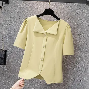 Elegantné tvaru Voľné Krátky Rukáv Záhyby Asymetrické Tričko dámske Oblečenie 2023 Lete Nové Príležitostné Topy Office Lady, Blúzky Obrázok