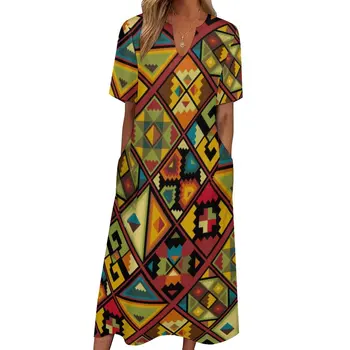 Africký Štýl Šaty Farebné Geometrie Trendy Maxi Šaty Street Fashion Bežné Dlhé Šaty V Krku Grafické Nadrozmerné Vestidos Obrázok