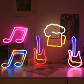 Veľkoobchod LED, Neónové Svetlo Znamení Hudby Poznámka Pivo, Pohár Gitara Modelovanie Logo Neon Izba Dekor Domov Bar Obchod Party Dekorácie Darček Obrázok