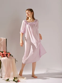 Ružová Sleepwear Šaty Princezná Bavlna Nightgow Letné Dlhé Nightgown Kolo Krku Sleepwear Mäkké modálne vnútorné domov šaty High end Obrázok