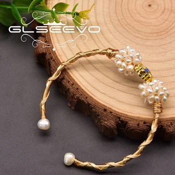 GLSEEVO Prírodné Perly Cloisonne Pearl Loptu Mosadz 18k Zlatom Otvoriť Náramok Ženy Strany Nádherné Luxusné Šperky GB0959 Obrázok