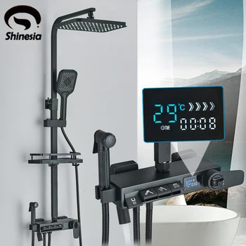 Shinesia Black Termostatické Sprchové Batérie, Nastavenie Mosadz Digitálny Displej Daždi Systém Nastaviť Nástenné Batérie Obrázok