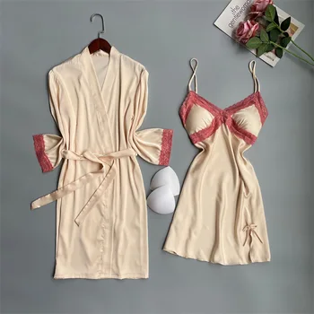 Sexy Čipka Župan A Nightdress Nastaviť Ženy Župany Marhuľový Saténové Pyžamo 2 Kus Kimono Sleepwear Oblečenie Pre Voľný Čas Obrázok