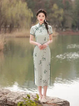 Elegantné Módne Mandarin Chinese Golier Kvetinový Vytlačené Saténovým Cheongsam ženské Ručné Gombíky Krátky Rukáv Qipao Večerné Šaty Obrázok