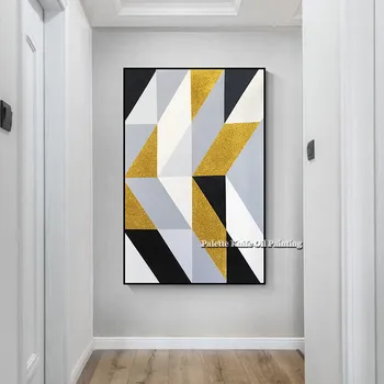Ručne Maľované Abstraktné Geometrické Golden White olejomaľba Wall Art Obrázky pre Obývacia Izba Domova Moderné Abstraktné Qudraos Obrázok