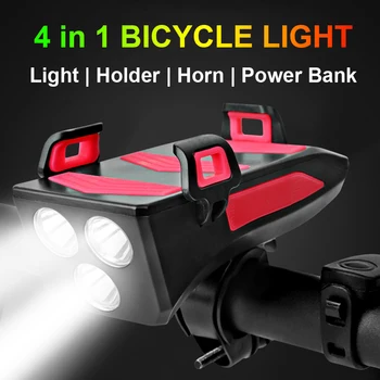 NEWBOLER Multi-funkcia 4 v 1 Bicyklov Svetla USB Nabíjateľné LED Bicykel predné svetlo na Bicykel Horn Držiaka Telefónu Powerbank Cyklistické Svetlo Obrázok