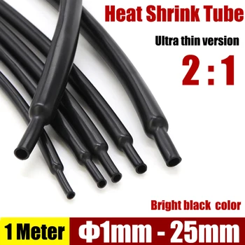 1M Dia 1-25 mm Ultra tenké Bright Black Zmršťovacej Trubice 2:1 Polyolefínov Tepelnej Kábel Rukáv Izolovaných Káblov Wire Heatshrink Trubice Obrázok