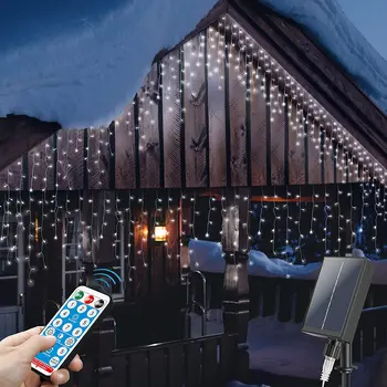 solárne 8 režimov LED Cencúľ Opony String Svetlá diaľkové Vianočné Rozprávky Svetlá Garland Domov Pre Svadobné Party Záhradné Dekorácie Obrázok