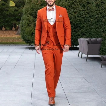 Móda Orange Muži Obleky Pre Svadbu 3 Ks Sa Nastaví Ženícha Tuxedos Obchodné Muž Prom Blejzre Slim Fit Groomsmen Kostým Homme Obrázok